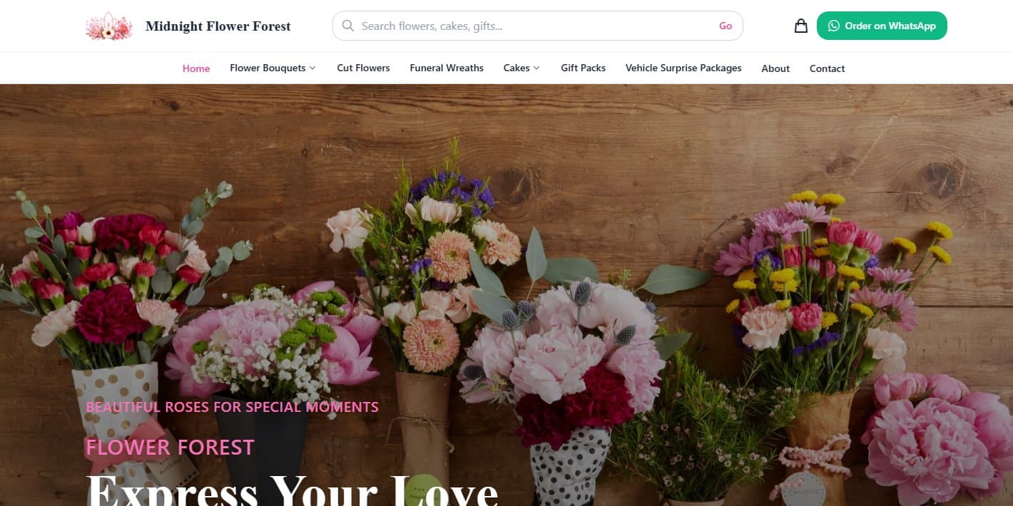 Flower Forest home page with a hero banner of bouquets, product category navigation and a search bar